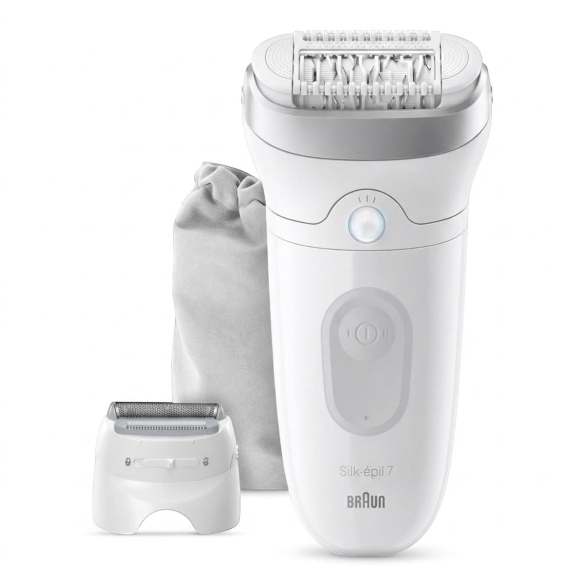 Braun Silk-épil 7 Wet & Dry Epilator SE7-041, white with grey accents, includes 2 attachments and a storage pouch.