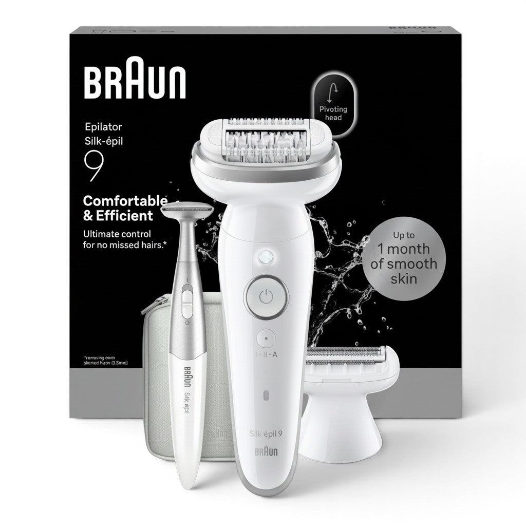 Braun Silk-épil 9 SES9-241 epilator with pivoting head, shaver, and trimmer for up to 1 month of smooth skin.