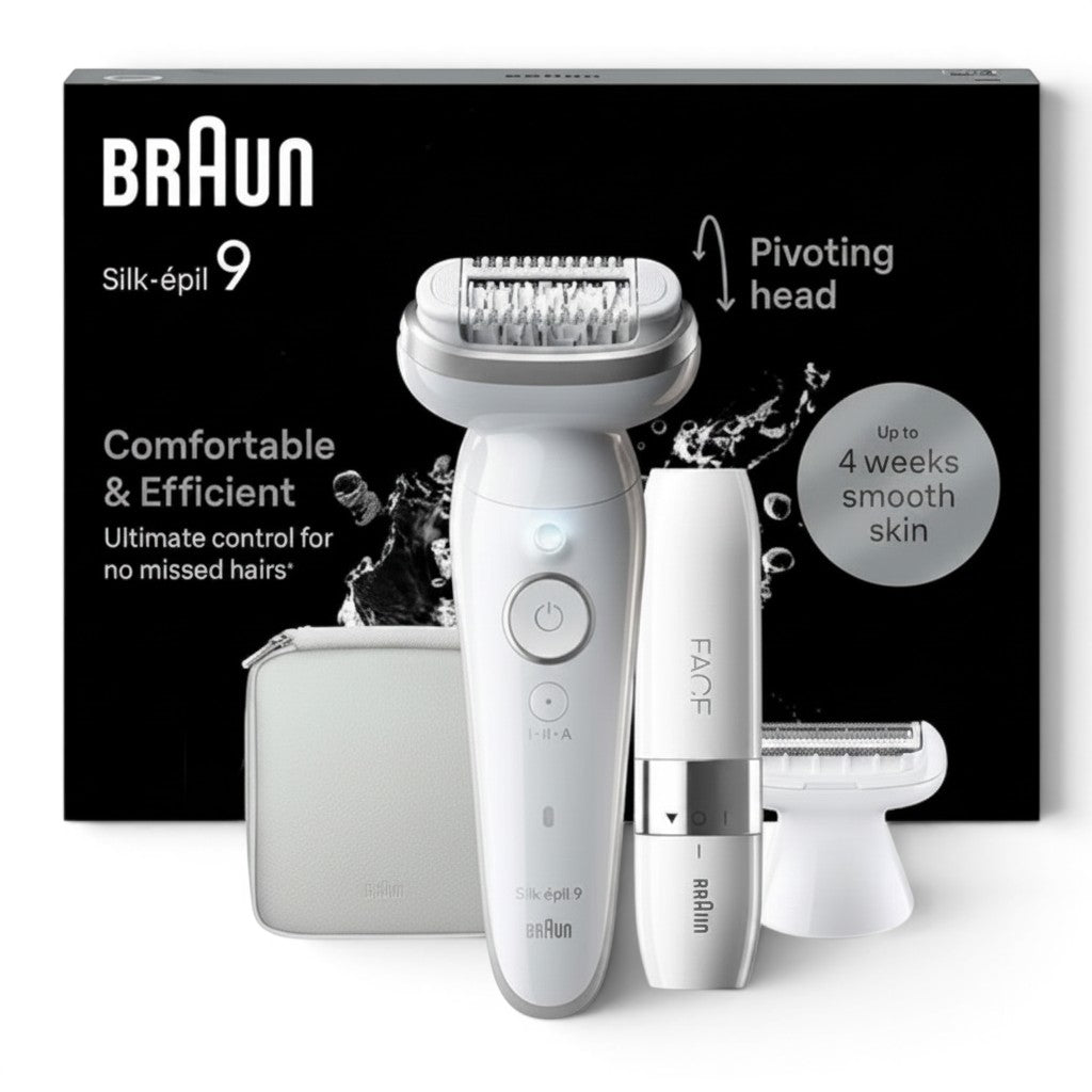 Braun Silk-épil 9 epilator with pivoting head, 40 MicroGrip tweezers, and SmartLight. Includes shaver head, trimmer, and travel case.