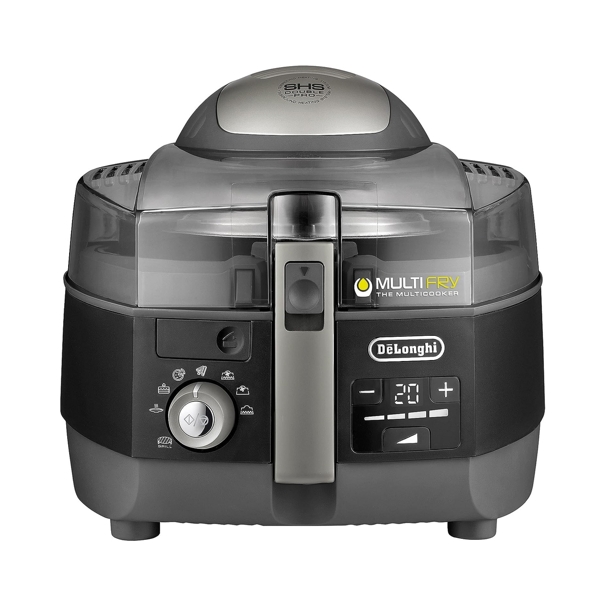 De'Longhi MultiFry Extra Chef Air Fryer and Multi-Cooker in white, showing digital control panel and compact design.