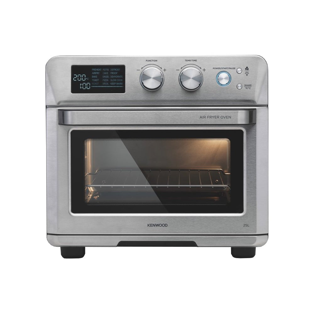 Taghareed Kenwood 25L 1700W stainless steel 2-in-1 air fryer oven with digital display and 15 cooking programs.