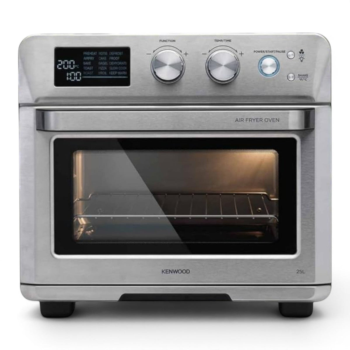 Taghareed Kenwood 25L 1700W stainless steel 2-in-1 air fryer oven with digital display and 15 cooking programs.