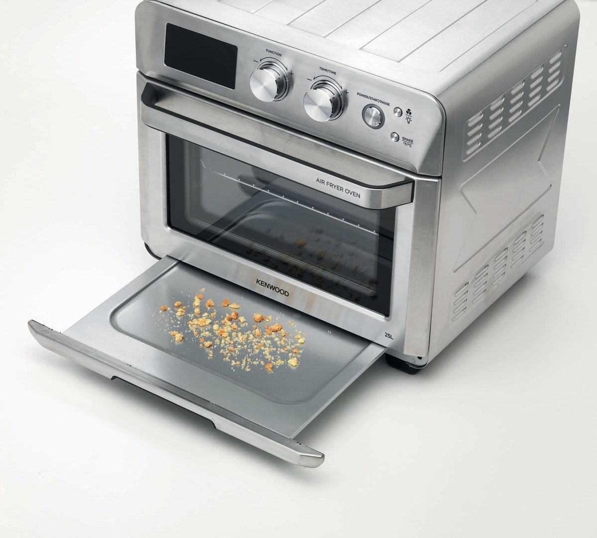 Taghareed Kenwood 25L 1700W stainless steel 2-in-1 air fryer oven with digital display and 15 cooking programs.