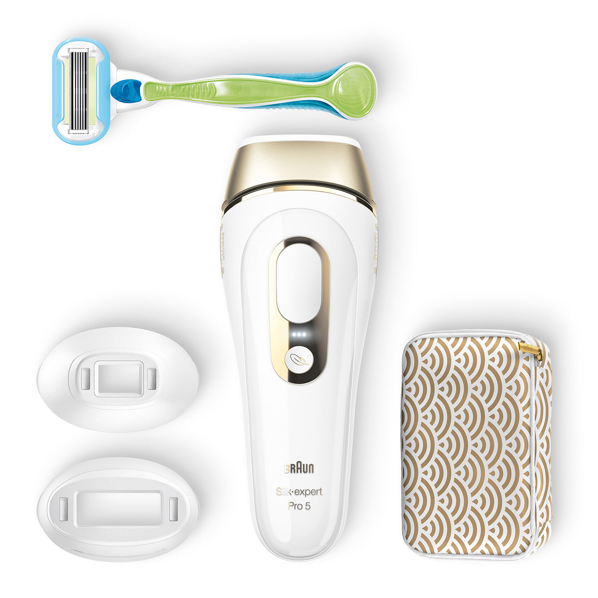 Braun Silk-expert Pro 5 IPL hair removal device with white design, showcasing the handheld device and its sleek appearance.