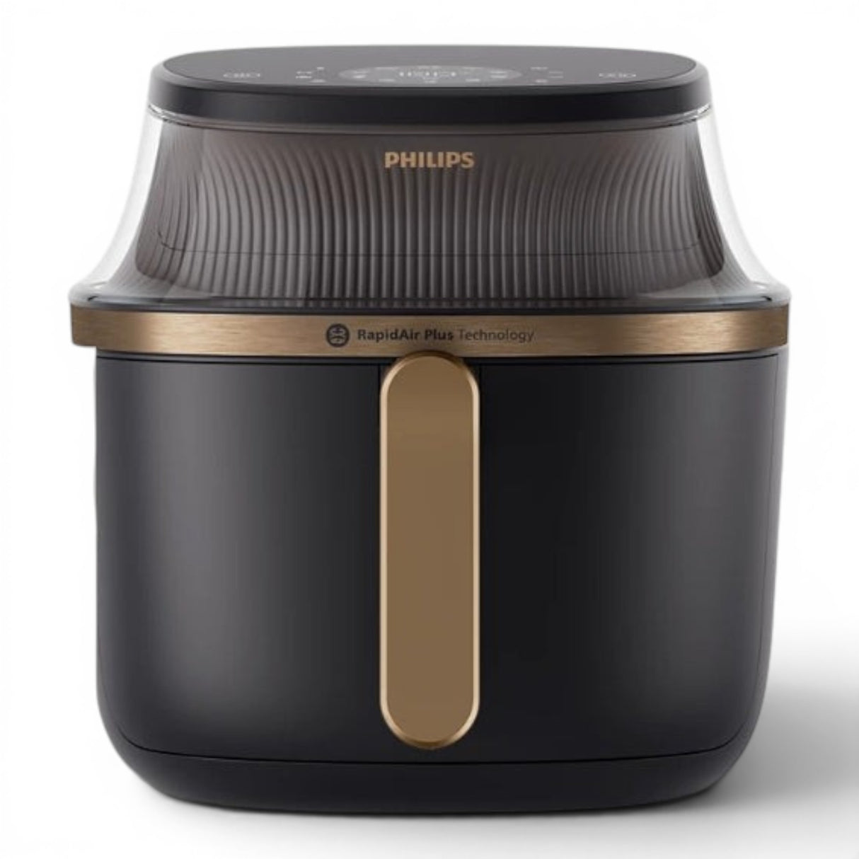 Philips Airfryer 3000 Series XL NA332/09 in black with gold accents, featuring Rapid Air Plus technology and a 6.2L capacity.
