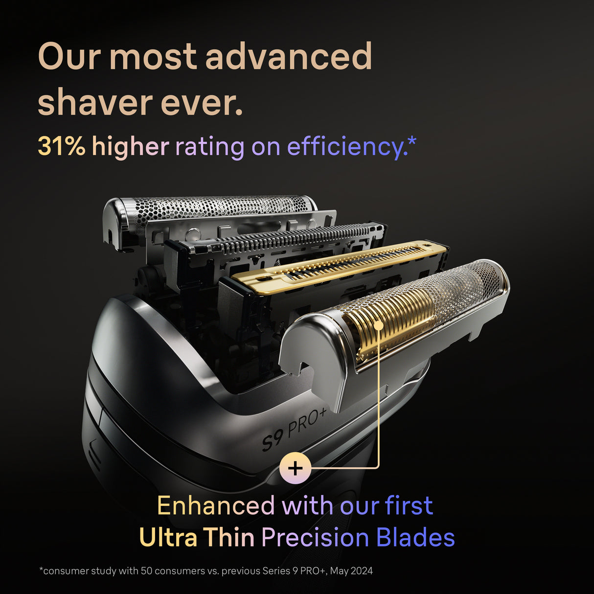 Shaver with text highlighting advanced features and efficiency rating on a dark background
