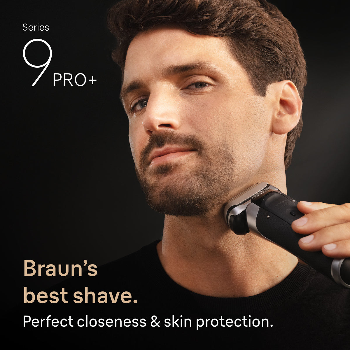 Man using a Braun electric shaver with text highlighting 'Braun's best shave' on a dark background.