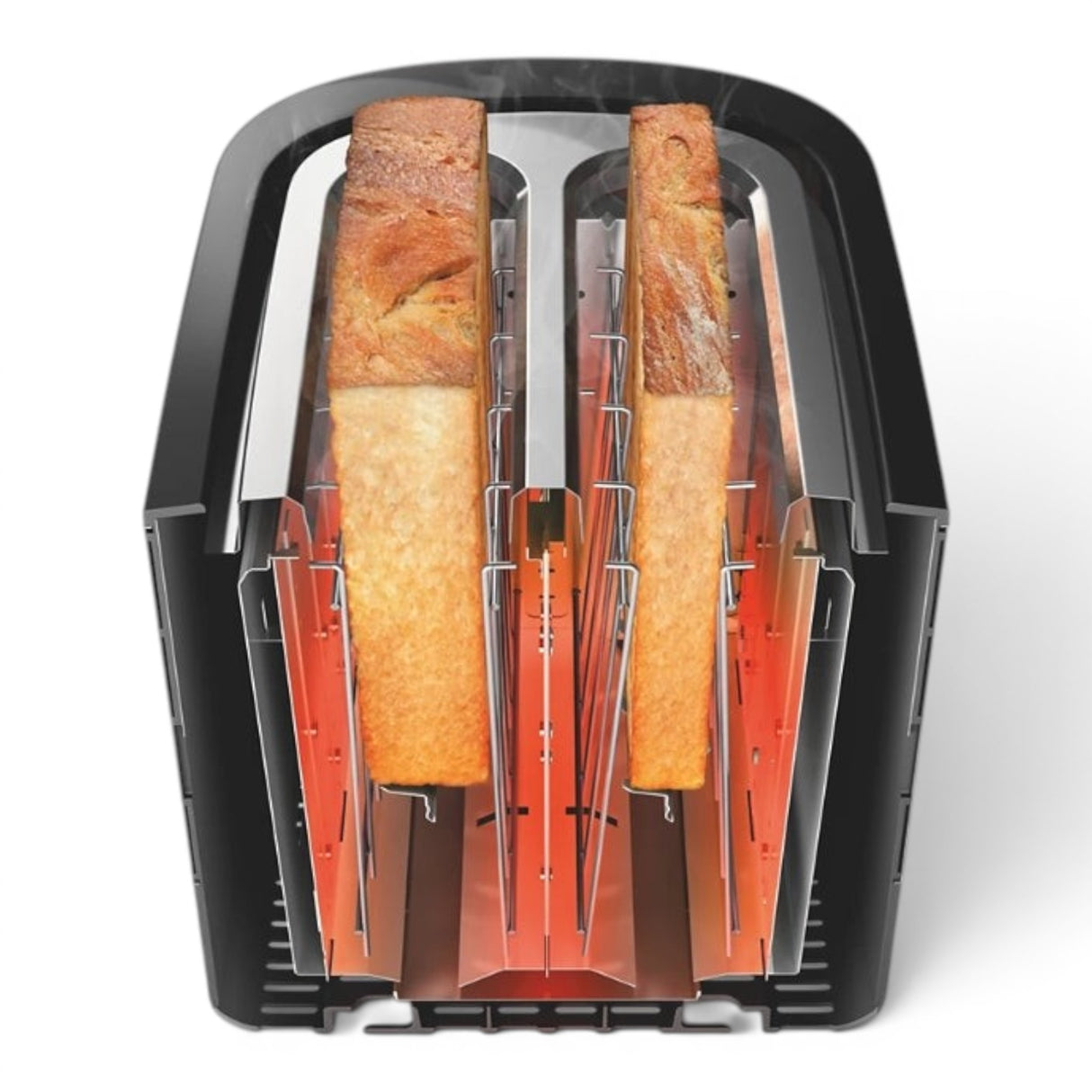 Taghareed black 2-slice toaster with wide slots, 7 browning levels, reheat, defrost, and bun rack functions.