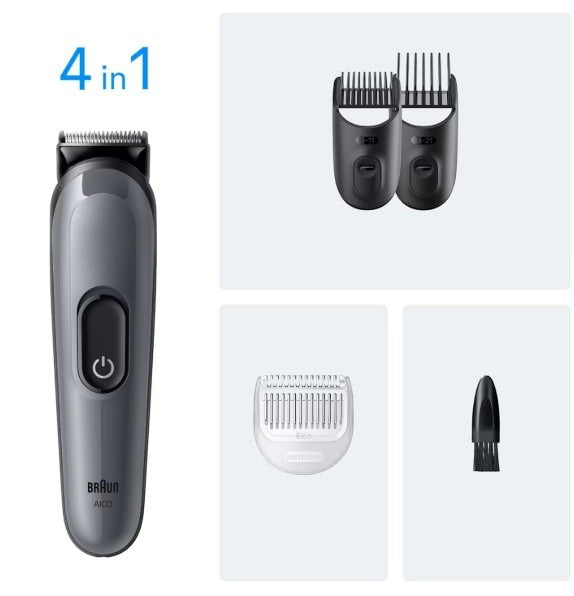 Braun All-in-One Style Kit Series 3 3500, 4-in-1 grooming tool with trimmer, adjustable combs, and cleaning brush.