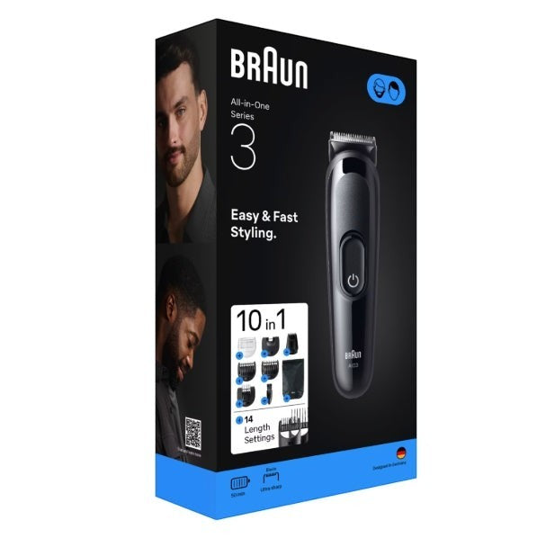 Taghareed Braun All-in-One Style Kit Series 3 3560, a black cordless trimmer with multiple attachments for beard, hair, and nose/ear trimming.