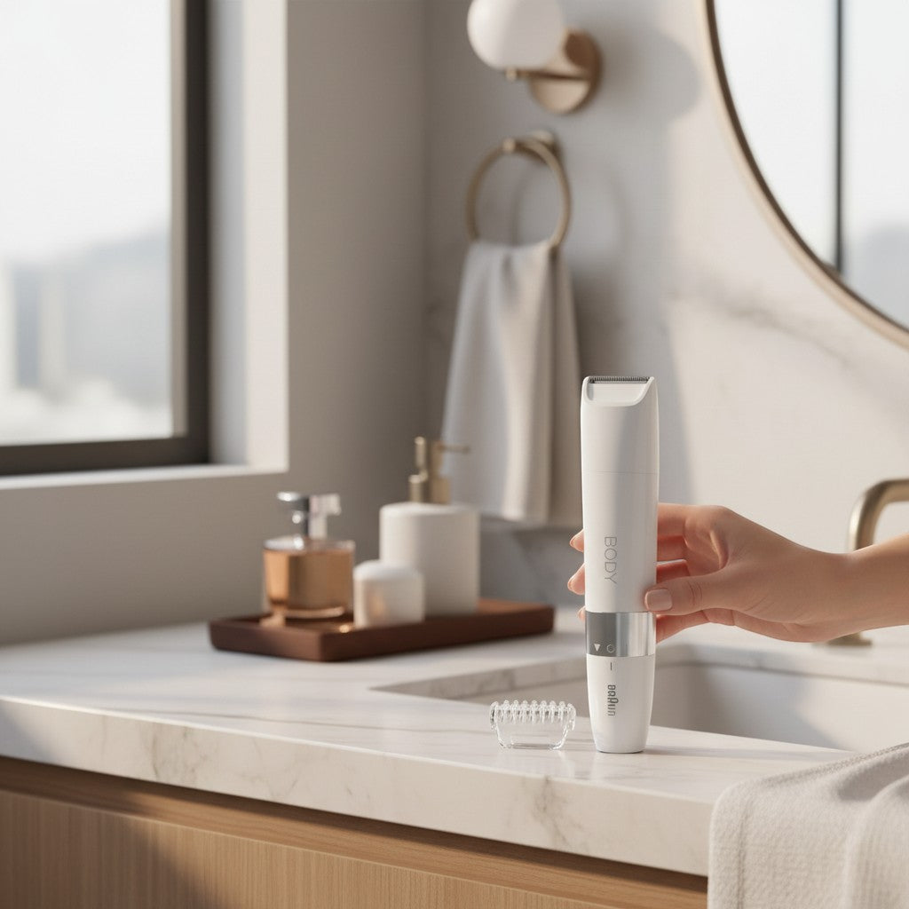 Taghareed Braun Body Mini Trimmer BS1000, white, portable, waterproof body groomer with trimming comb and cleaning brush.