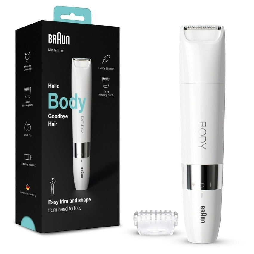 Braun Body Mini Trimmer BS1000, white, portable, waterproof body hair trimmer with 4mm comb attachment. Designed in Germany.