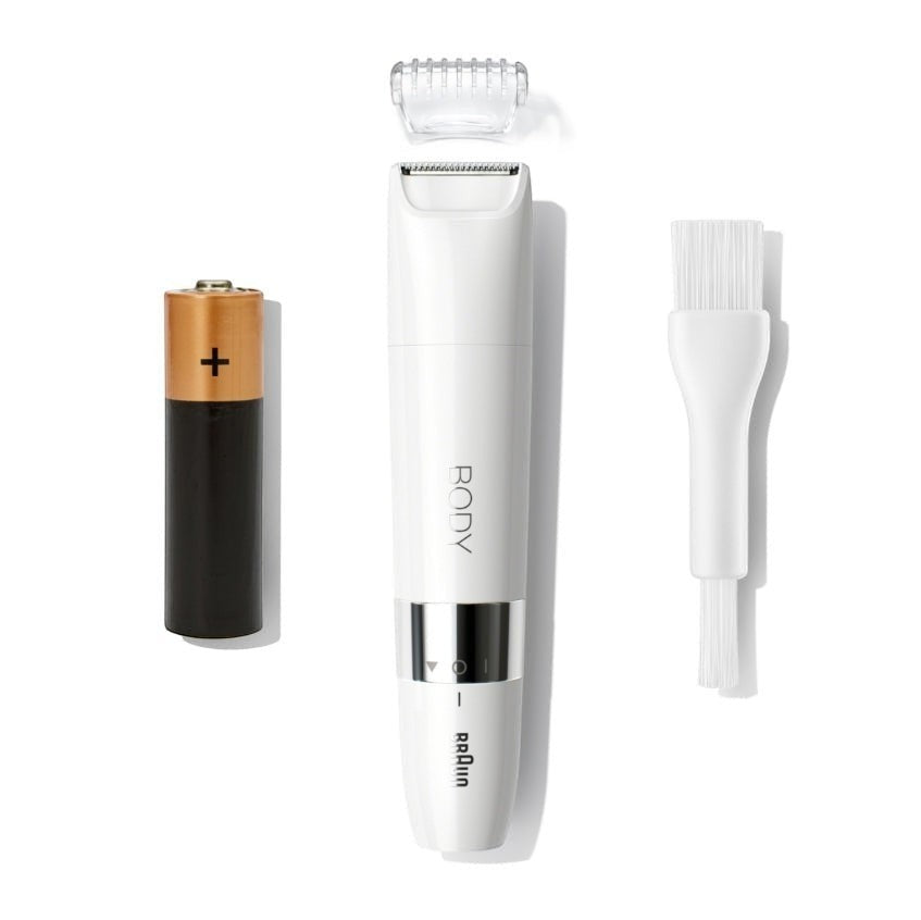 Taghareed Braun Body Mini Trimmer BS1000, white, compact, waterproof, with trimming comb, cleaning brush, and AA battery.