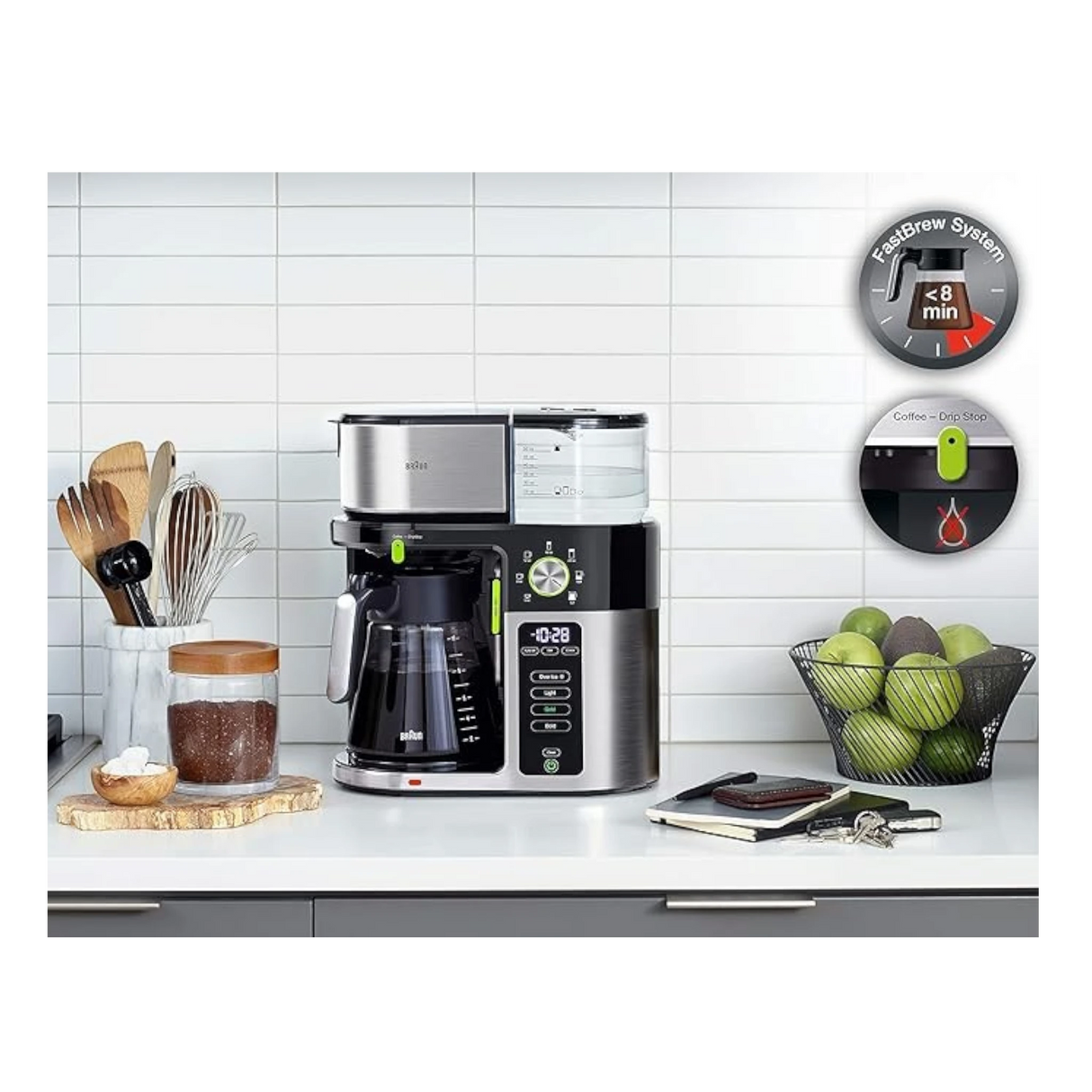 Taghareed Braun BrewSense Drip Coffee Maker KF9050BK, black and stainless steel, with 10-cup glass carafe and digital display.