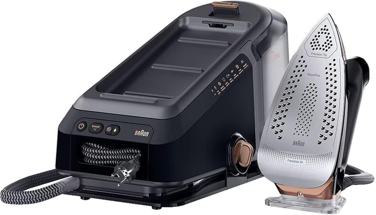 Taghareed Braun CareStyle 7 Pro steam generator iron with 8-bar pressure, 650g/min steam shot, and 2L tank. Black and copper.