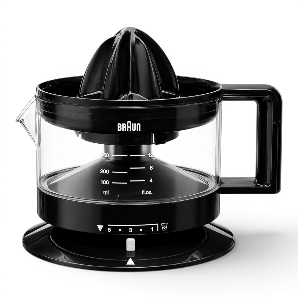 Taghareed Braun CitrusQuick 1 black electric citrus juicer with 400ml capacity and pulp control.