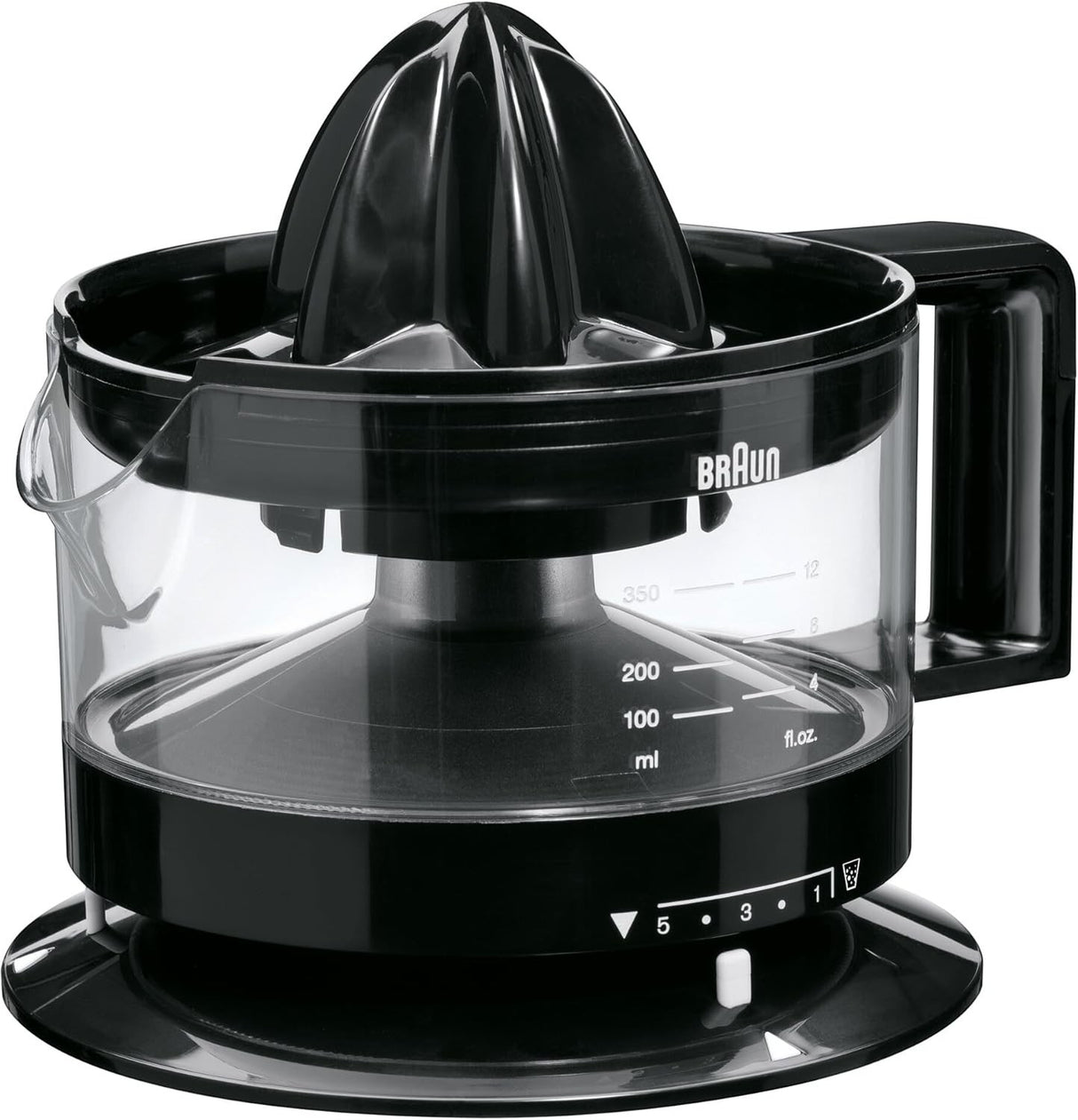 Taghareed Braun CitrusQuick 1 black electric citrus juicer with 400ml capacity and pulp control.