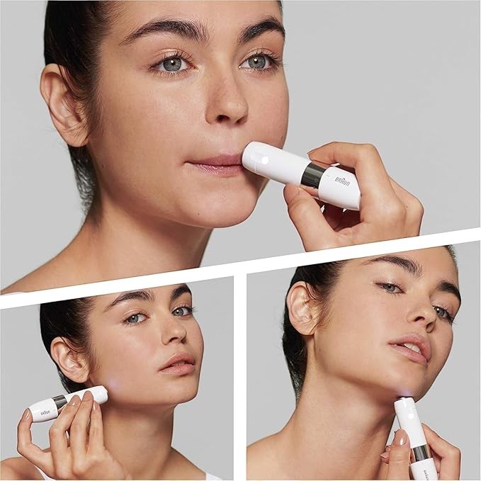 Taghareed Braun Face Mini Hair Remover FS1000, white, compact electric facial hair epilator for women, for upper lip, chin, and cheeks.