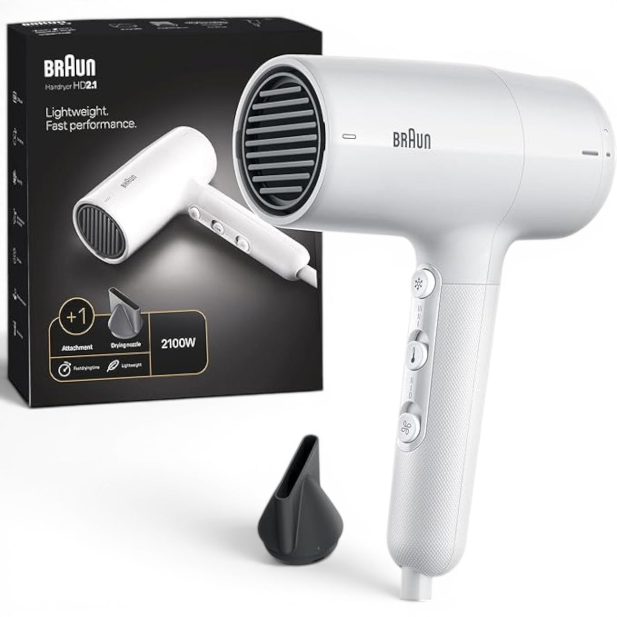 Taghareed Braun white 2100W hairdryer with ionic technology and concentrator nozzle for fast drying and reduced frizz.
