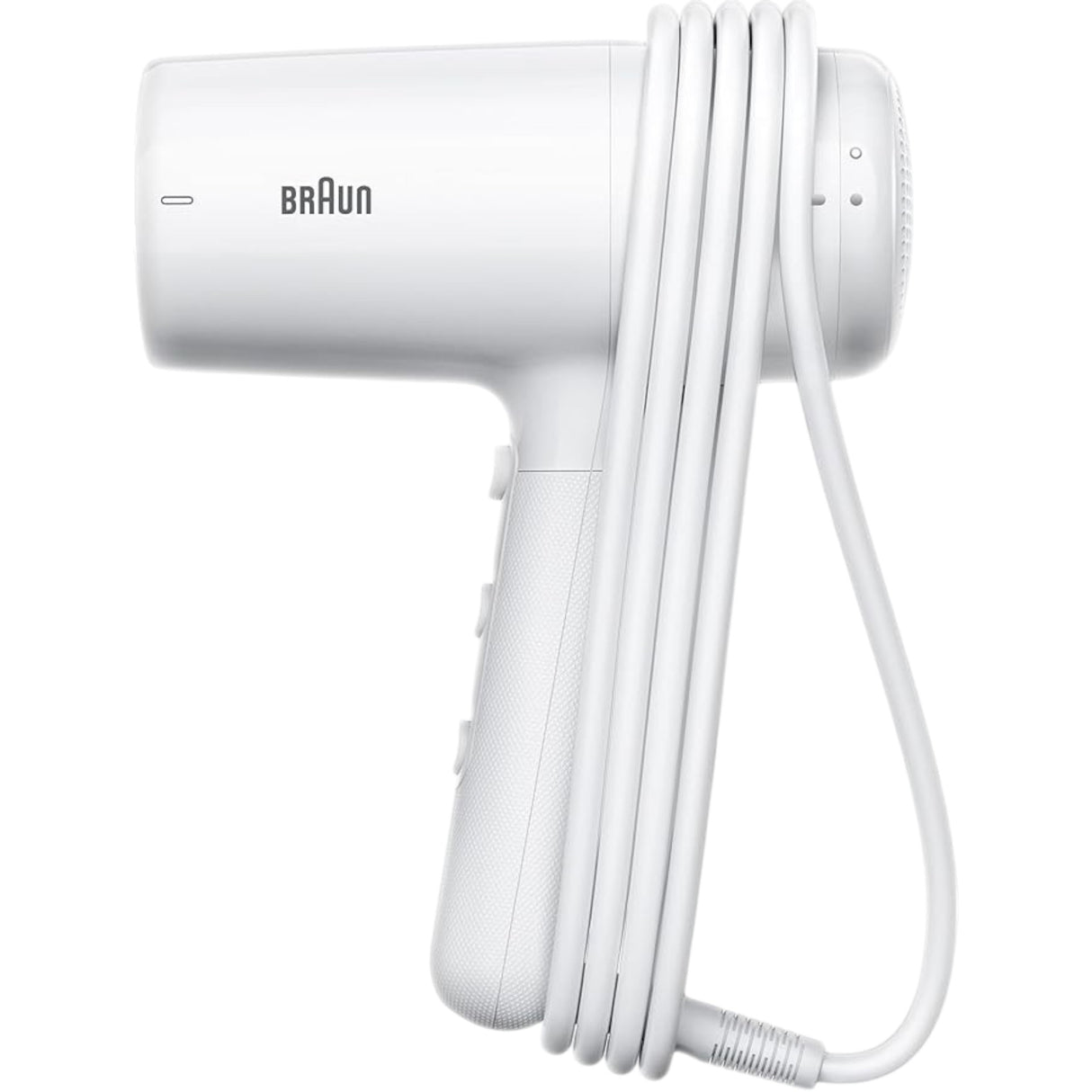 Taghareed Braun white 2100W hair dryer with ionic technology and concentrator nozzle for frizz-free styling.