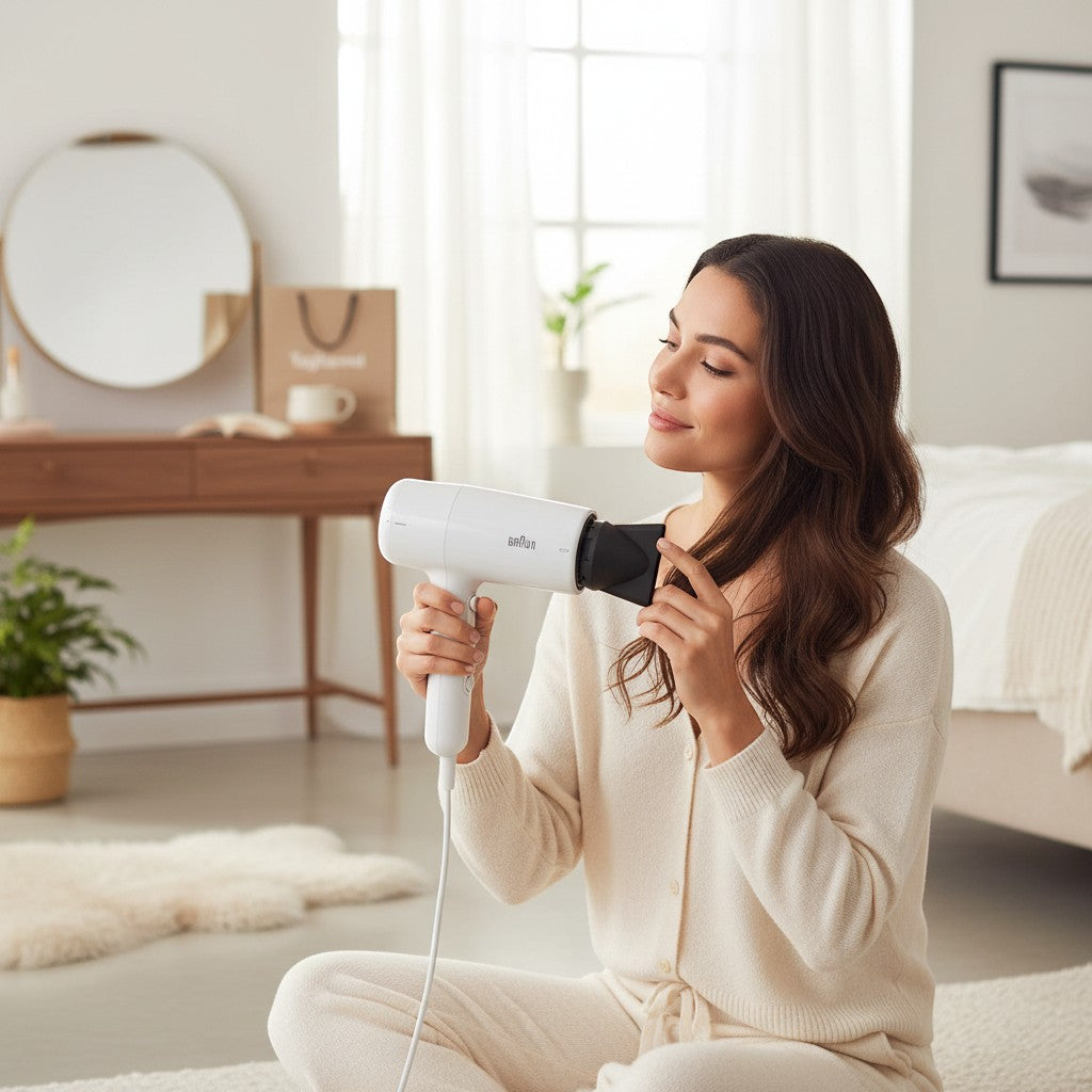 Taghareed Braun white 2100W hair dryer with ionic technology and concentrator nozzle, used by a woman with long brown hair.