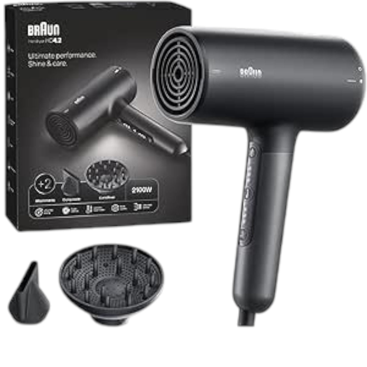 Taghareed Braun Hair Dryer HD4.2 BRHD425SDE, 2100W, Super IONTEC, 3 heat/speed settings, cool shot, diffuser & concentrator attachments.