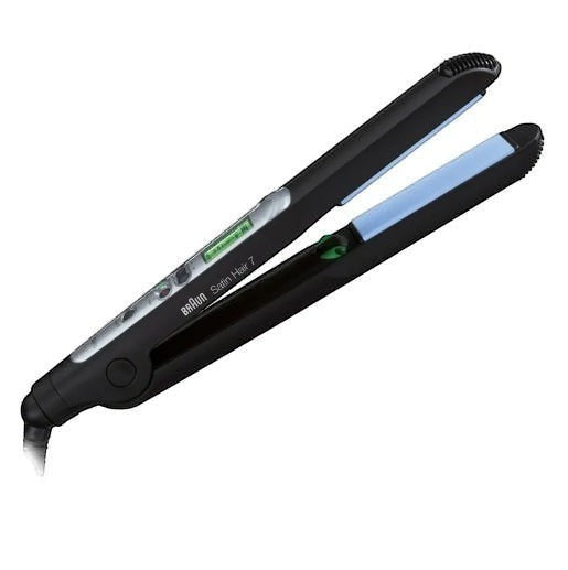 Taghareed Braun Satin Hair 7 IONTEC hair straightener with black casing and blue ceramic plates, featuring a digital display.
