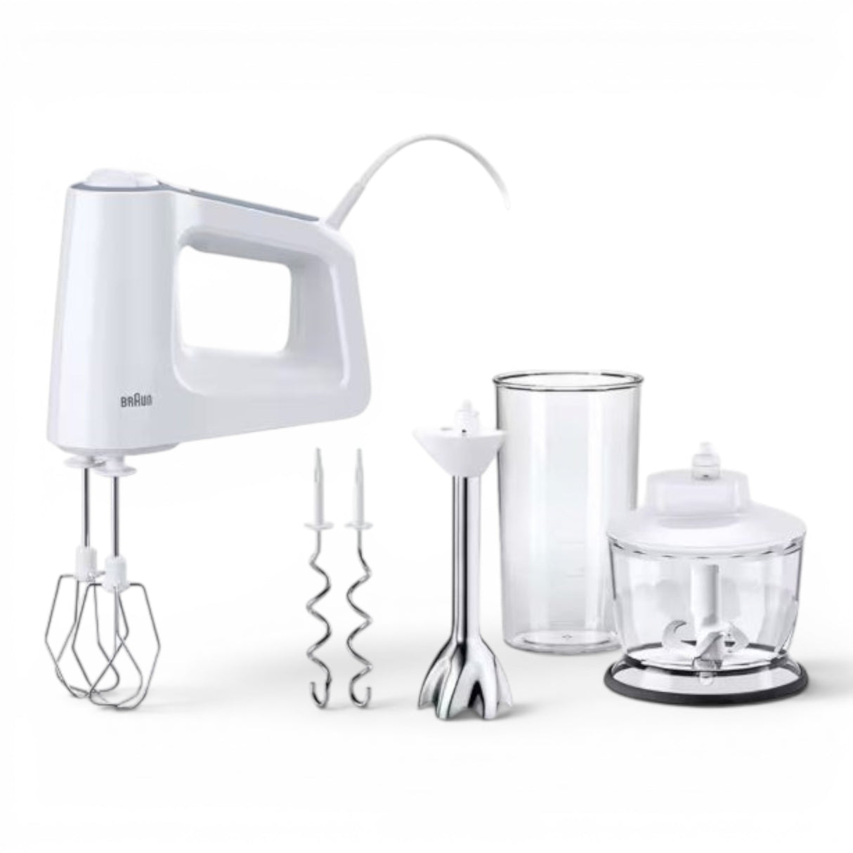 Taghareed Braun MultiMix 3 Hand Mixer HM3137WH, white, with whisk and dough hook attachments, beaker, and chopper accessory.