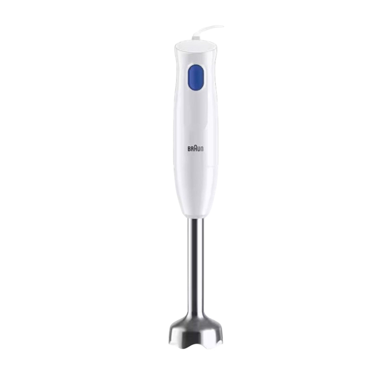 Taghareed Braun MultiQuick 1 hand blender, white plastic body with blue button, stainless steel shaft and blade. Ideal for soups and smoothies.