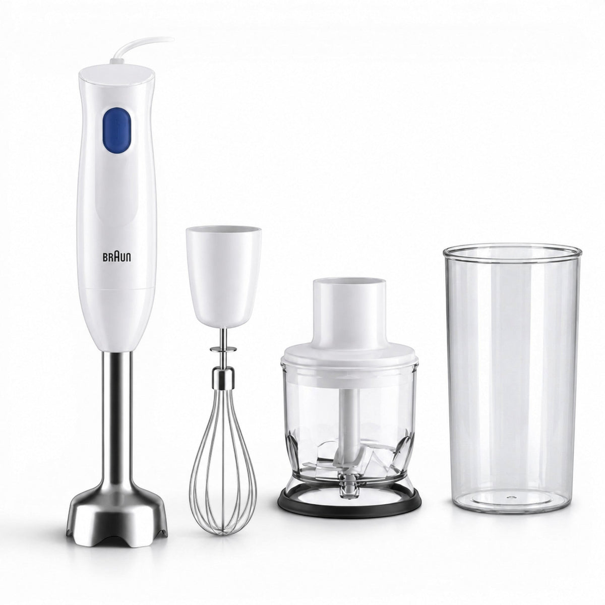 Taghareed Braun MultiQuick 1 hand blender in white with whisk, chopper, and beaker attachments. Features a blue button and stainless steel blending foot.