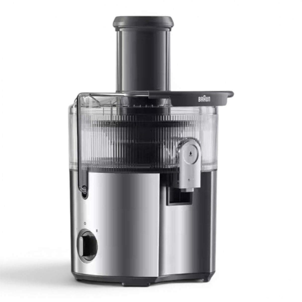 Taghareed Braun MultiJuice 7 Spin Juicer SJ7000, 1000W, stainless steel and black, with wide chute and anti-drip spout.
