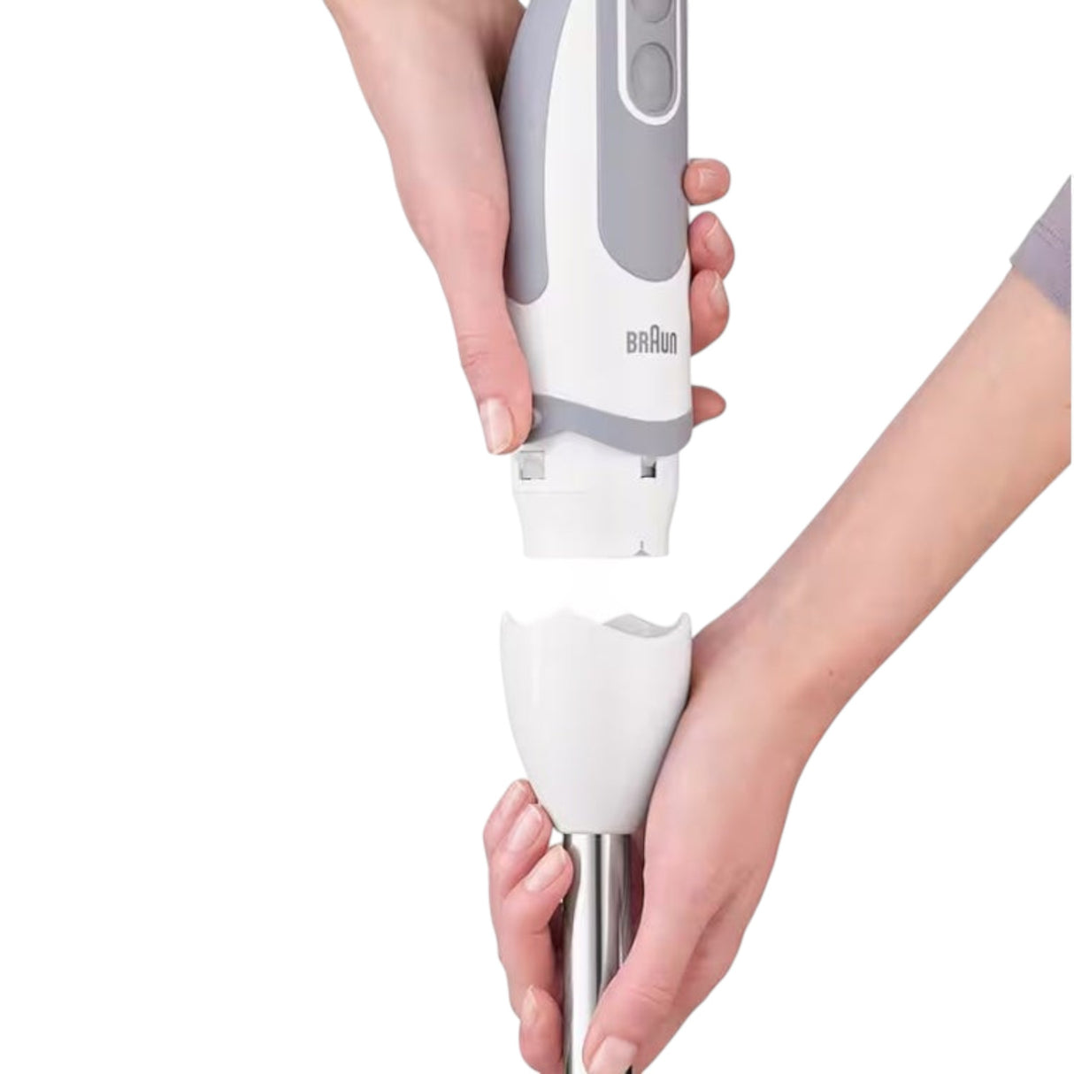 Braun MultiQuick 5 hand blender in white and grey with stainless steel shaft, showing EasyClick attachment system.