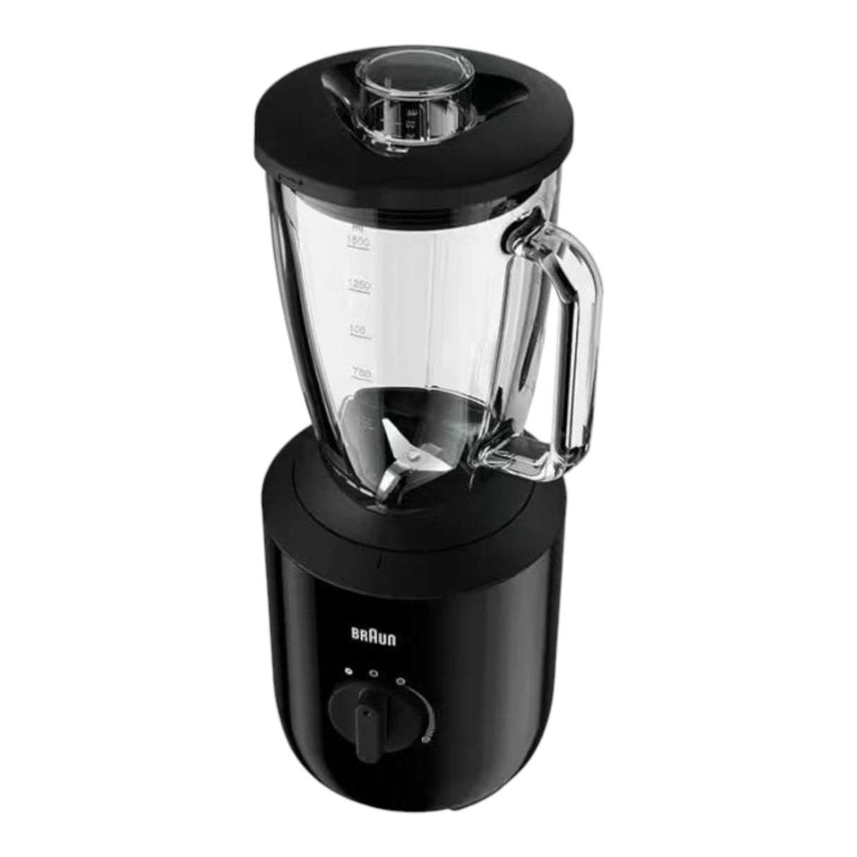 Taghareed Braun PowerBlend 3 black jug blender with 1.5L glass container, 800W motor, TriAction Technology, and variable speed control.