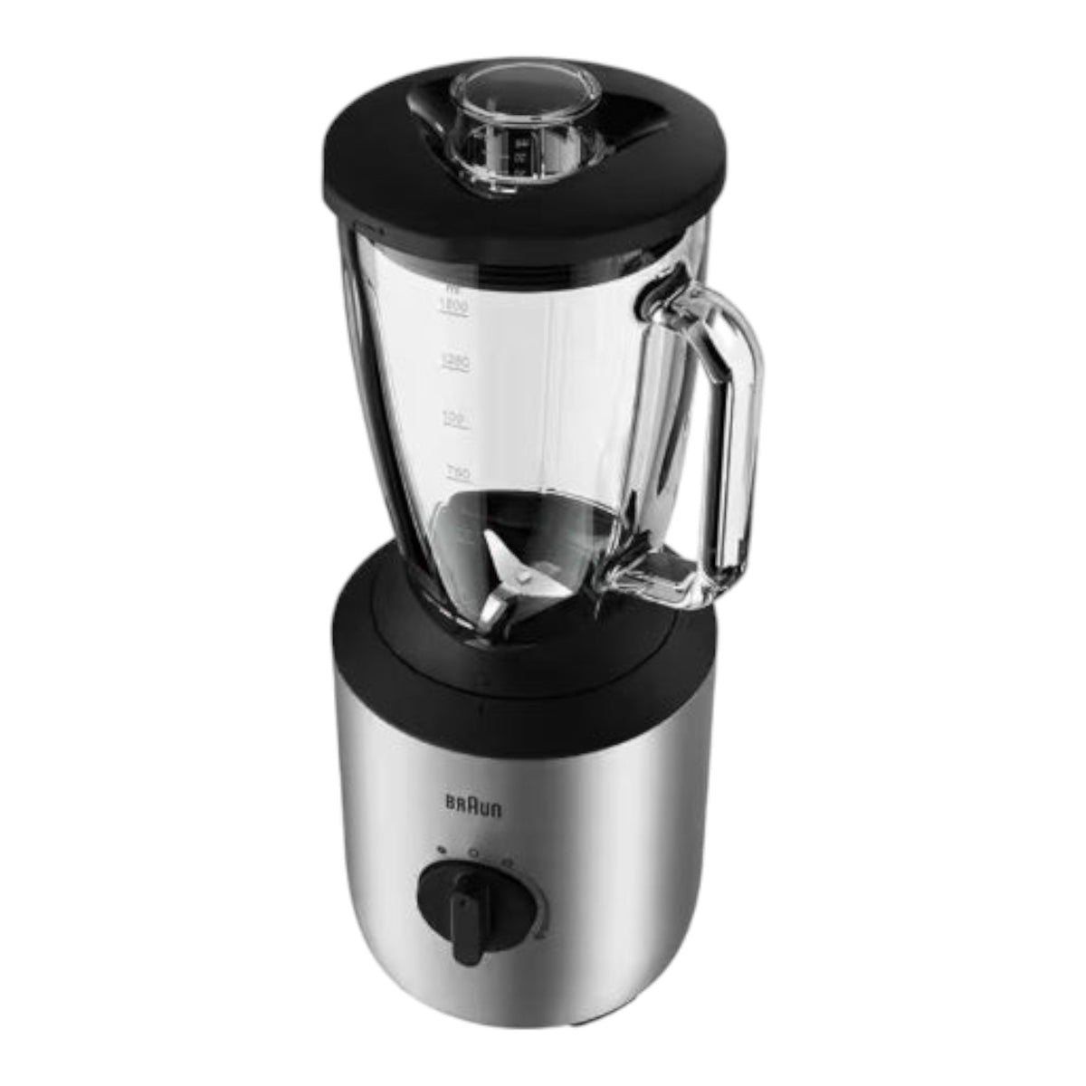 Braun PowerBlend 3 jug blender with 800W motor, glass jug, variable speed, and Pulse function. Silver and black.