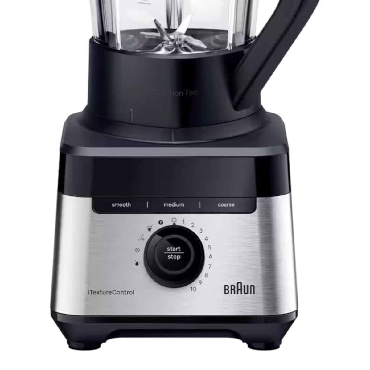 Taghareed Braun PowerBlend 7 jug blender with stainless steel base, black accents, and digital controls for texture selection.