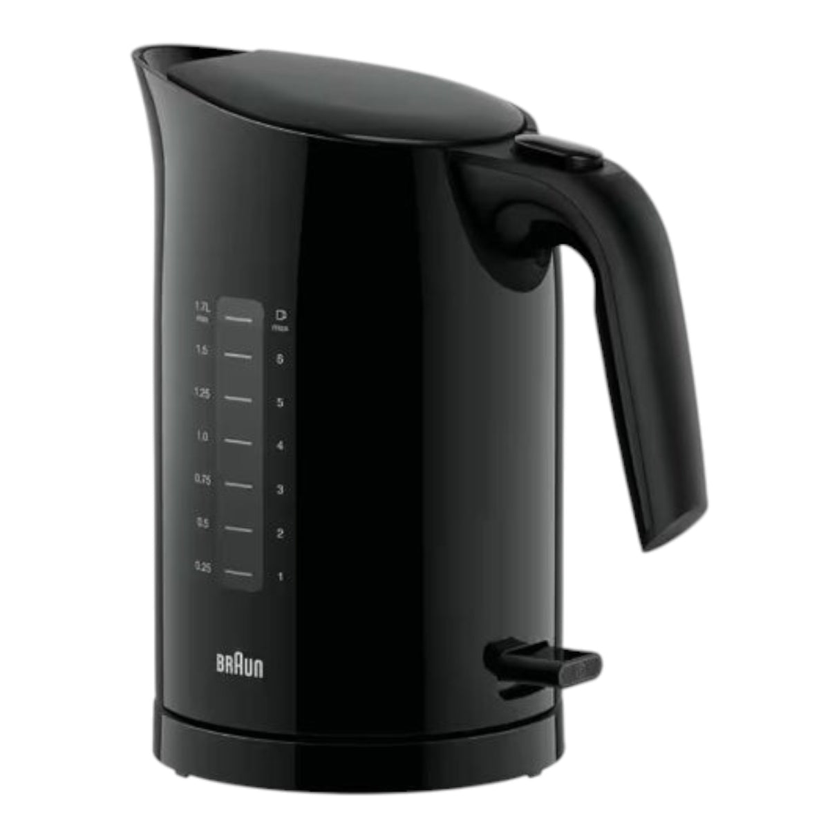 Taghareed Braun PurEase black 1.7L 2200W electric kettle with water level indicator and 3-Way Protection system.