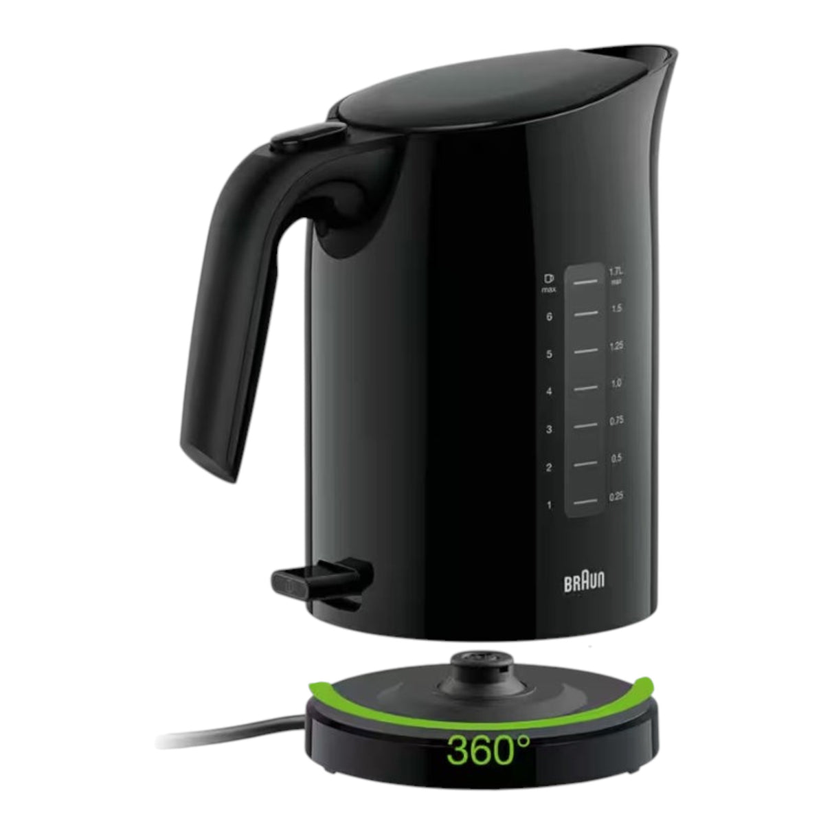 Taghareed Braun PurEase black 1.7L electric kettle with 2200W power and 360-degree base.