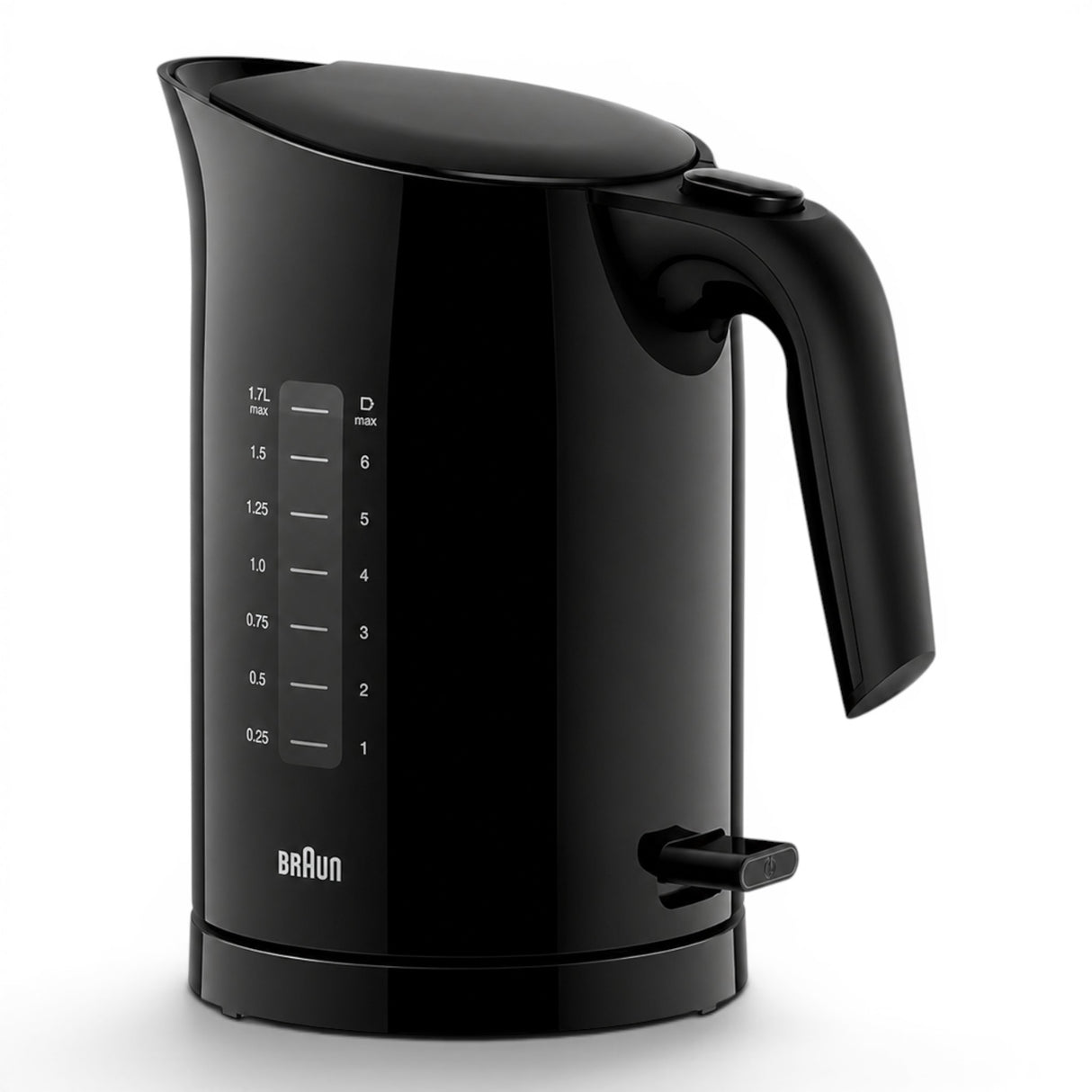 Taghareed Braun PurEase black 1.7L electric kettle with 2200W power and 3-Way Protection system.