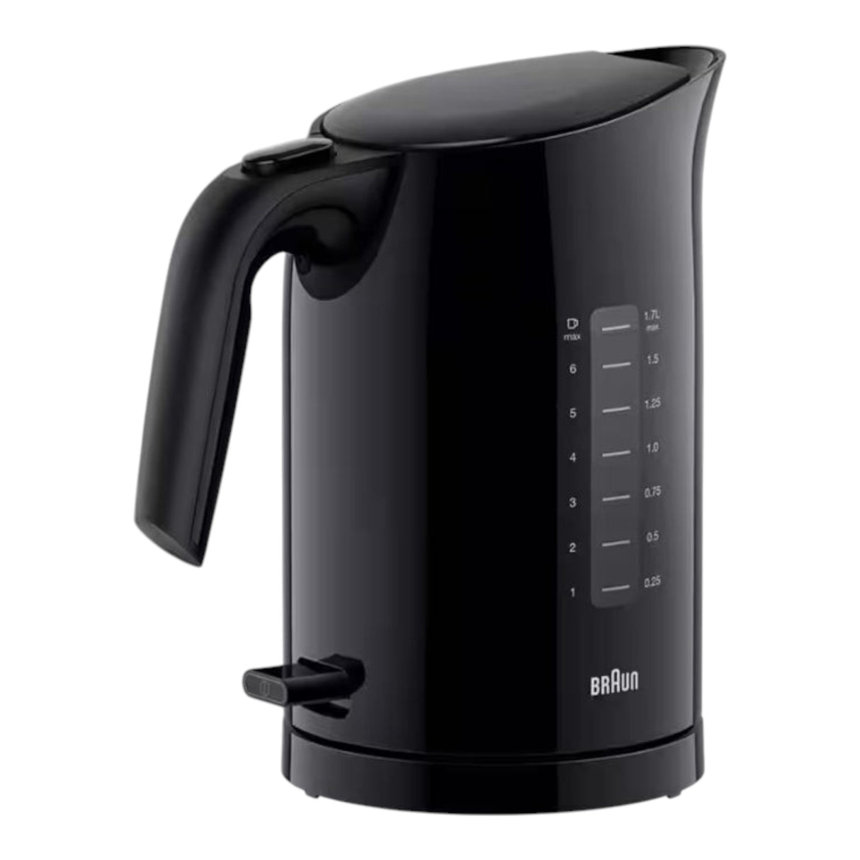 Taghareed Braun PurEase black 1.7L electric kettle with 2200W power and 3-way protection system.