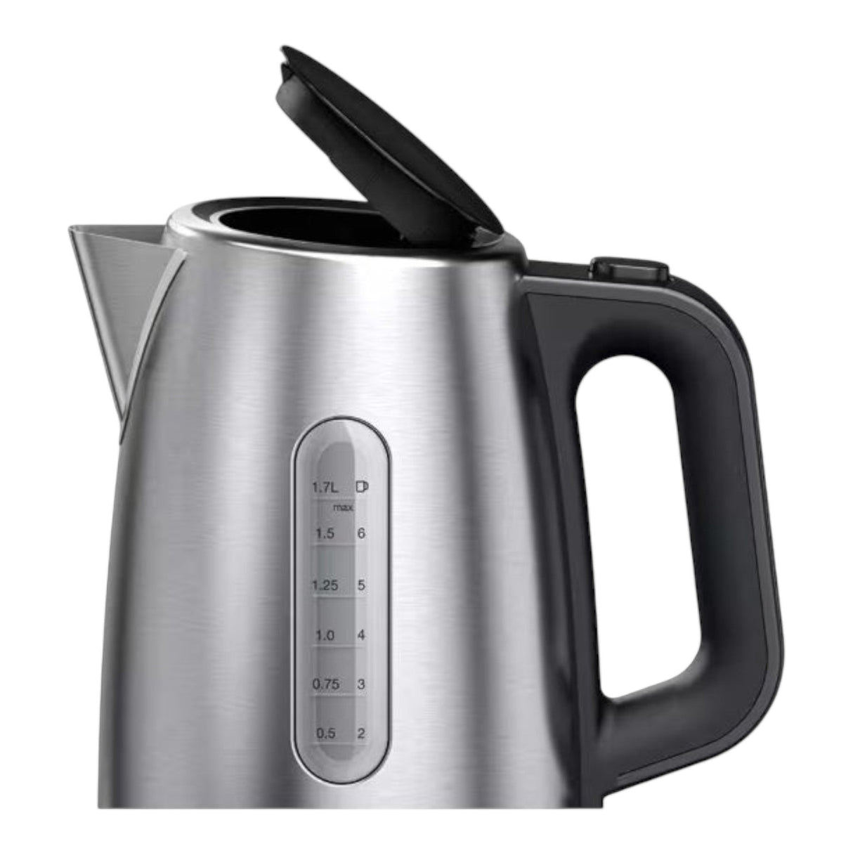 Taghareed Braun PurShine WK1500BK stainless steel kettle, 1.7L capacity, with a black handle and lid, and a water level indicator.