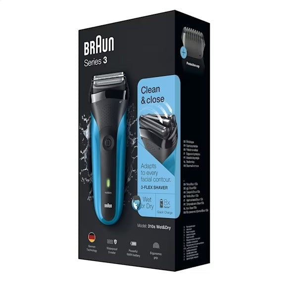Taghareed Braun Series 3 310s electric shaver in black and blue, featuring a 3-Flex system for close, comfortable shaving. Wet & Dry use.