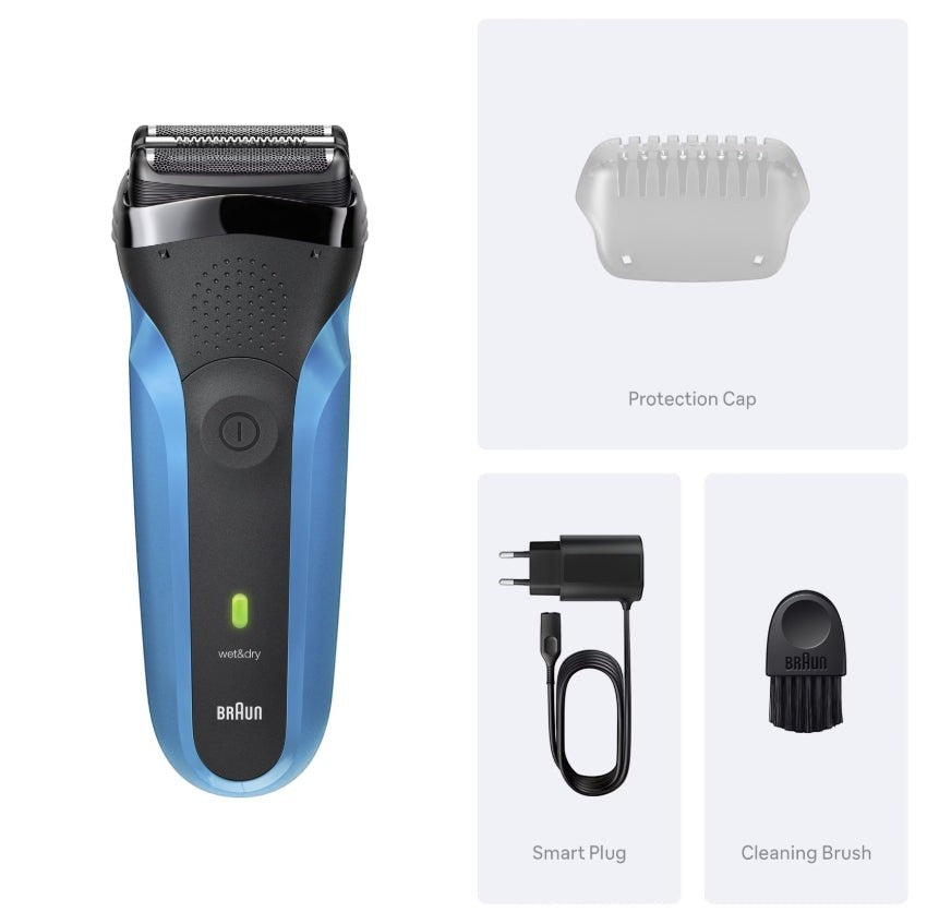 Taghareed Braun Series 3 310s electric shaver, black and blue, with wet & dry functionality. Includes protection cap, smart plug, and cleaning brush.