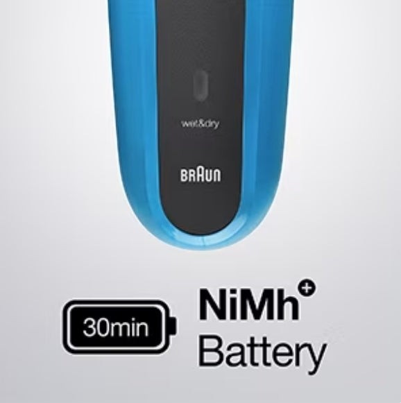 Taghareed Braun Series 3 electric shaver in blue with wet & dry functionality and 30-minute NiMH battery.
