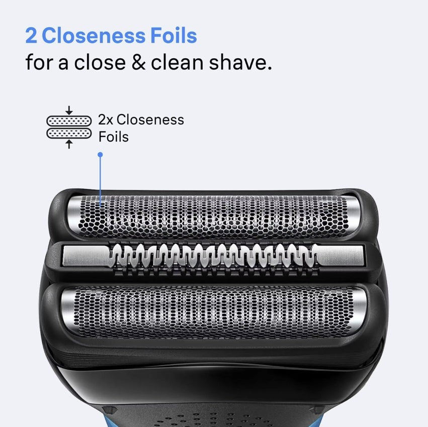 Braun Series 3 310s electric shaver head with two closeness foils and middle trimmer. Black and blue.