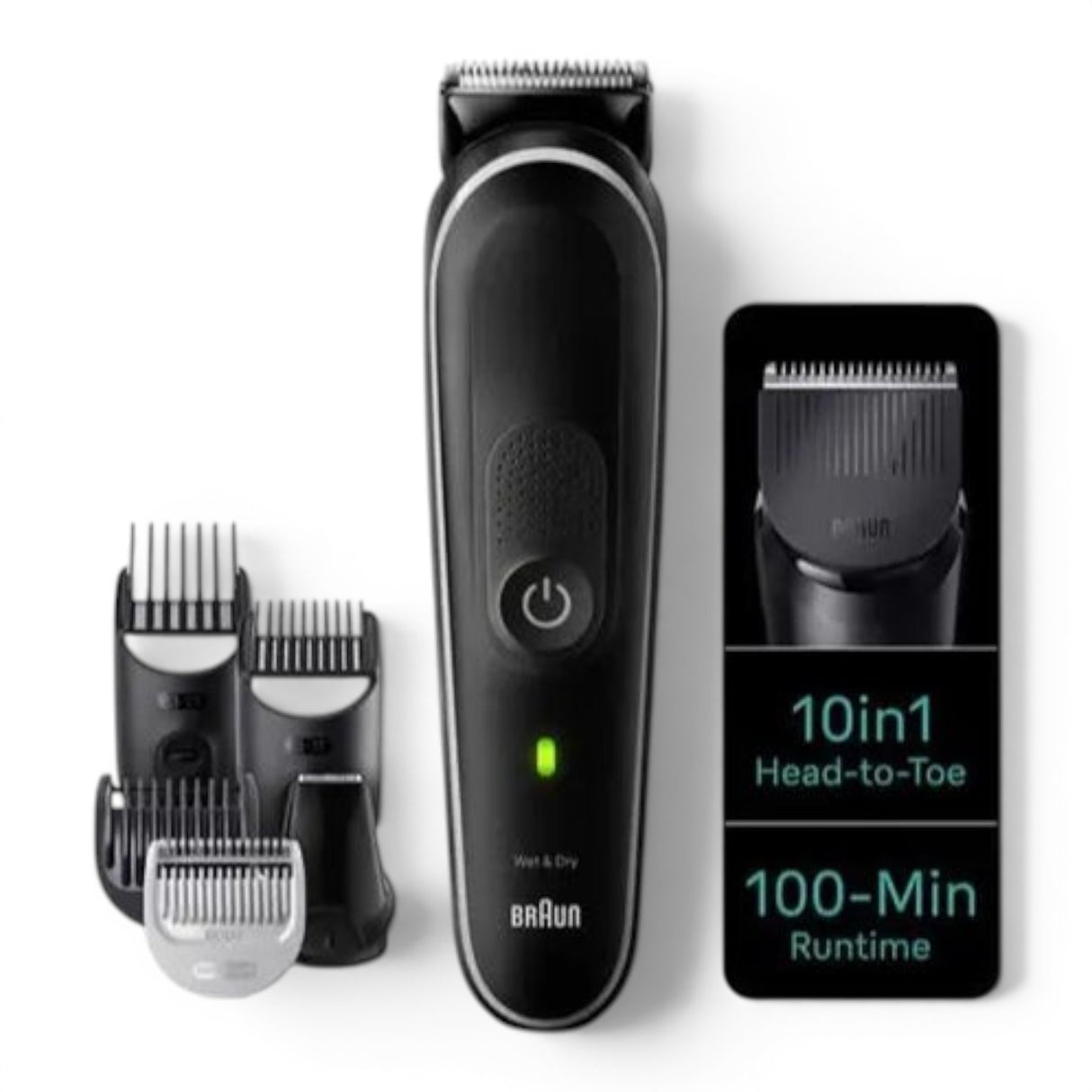 Braun Series 5 All-in-One Style Kit, black grooming trimmer with multiple attachments, 10-in-1 head-to-toe functionality, 100-min runtime.