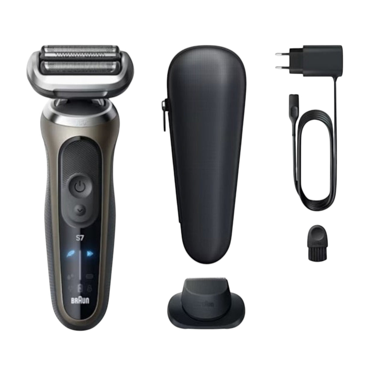 Taghareed Braun Series 7 electric shaver in silver with 360° flexible head, AutoSense technology, and LED display. Includes travel case, trimmer attachment, charger, and brush.