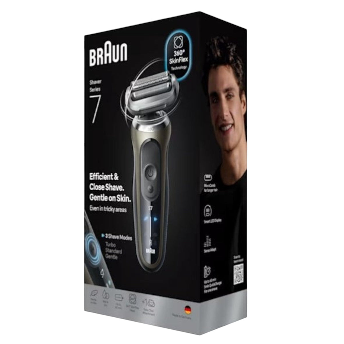 Taghareed Braun Series 7 72-C1200s electric shaver, silver, with 360° SkinFlex technology and AutoSense. Includes trimmer, travel case, and smart plug.
