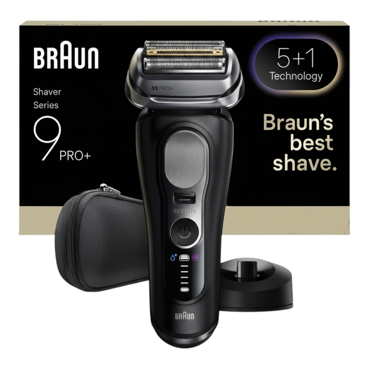 Taghareed Braun Series 9 Pro+ 9610s black electric shaver with 5+1 technology, flexible head, and LED display.