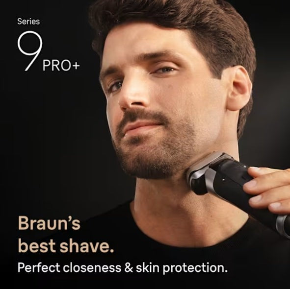 Taghareed Braun Series 9 Pro+ silver electric shaver with 5+1 Pro Shaving Head being used by a man with stubble.
