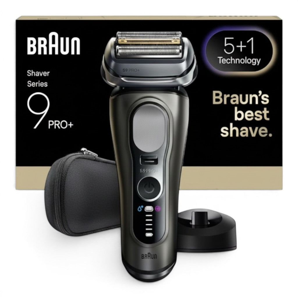 Taghareed Braun Series 9 Pro+ 9615s electric shaver in graphite with 5+1 technology and charging stand.
